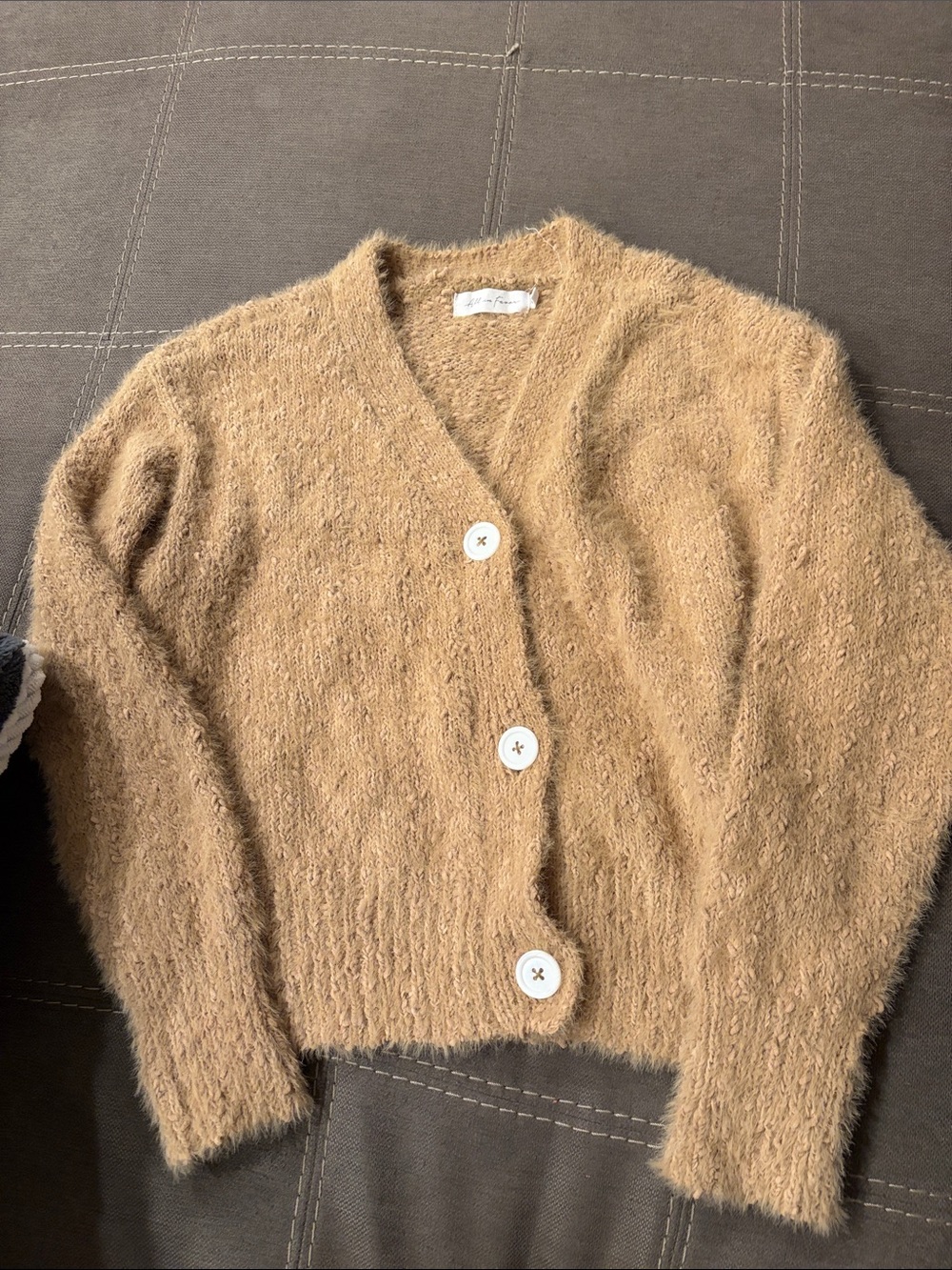 All in Favor Camel Fuzzy V-Neck Button Cardigan